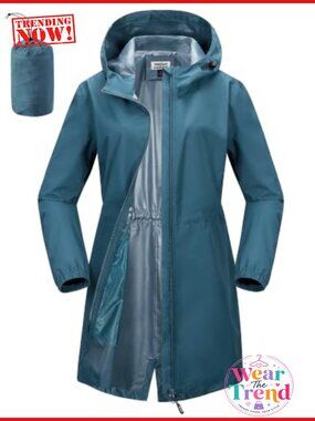 Waterproof Rain Jacket Long Hooded Packable Lightweight Women's